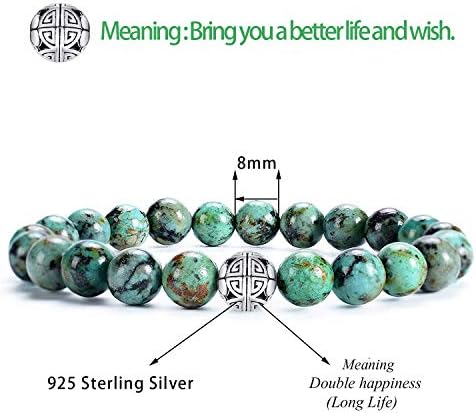 MetJakt Natural 8mm Gemstones Healing Crystal Stretch Beaded Bracelet Bangle with 925 Sterling Silver Double Happiness Pendant