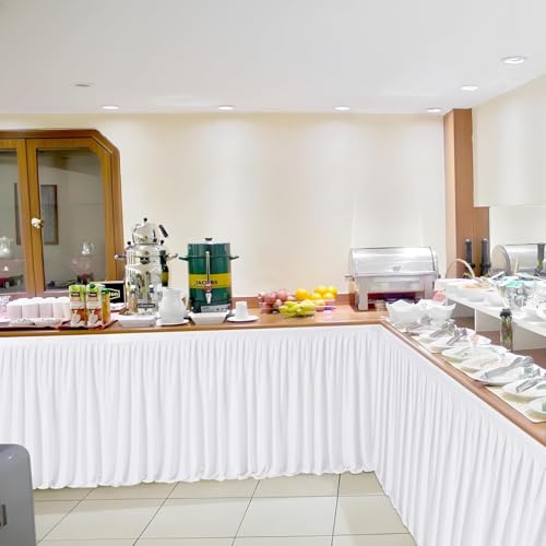 640cm White Polyester Table Skirts for Rectangle Tables, Wrinkle Free Ruffle Pleats Cloth Tutu Table Skirt 21ft for Banquet Wedding Birthday Baby Shower Trade Meeting Cake Dessert Tables(No Top Cover)