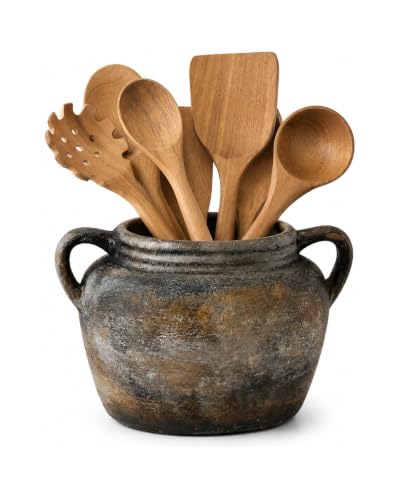 Rustic Utensil Holder for Kitchen Counter – Vintage Utensil Crock | 9.4″ x 6.3″ Wide Opening Ceramic Organizer, Handcraft Pottery Farmhouse Decor