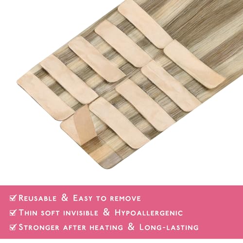 Image of WENNALIFE Tape in Hair Extensions Human Hair Ash Brown with Platinum Blonde Highlights Tape in Extensions, 10pcs 20g 12 inch Remy Invisible Tape Ins Straight Colored Soft Refill Set