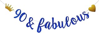90 & Fabulous Banner,Pre-Strung,No Assembly Required,Funny Blue Paper Glitter Party Decorations for 90th Birthday Party Supplies, Letters Blue,ABCpartyland