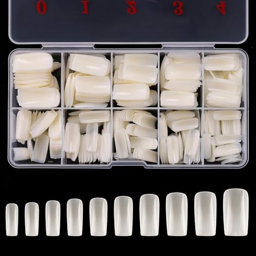 Image of COSTICA Full Cover Acrylic False Nail Tips, 500PCS Fake Nail Shape Artificial False Nails Tips 10 Sizes with Case for Nail Art Salons and Home DIY (Natural) (4N)