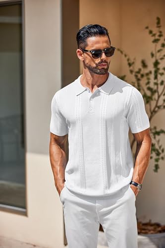 COOFANDY Mens Knit Polo Shirts Short Sleeve Button Down Shirt Cuban Guayabera Textured Summer Beach Shirts2