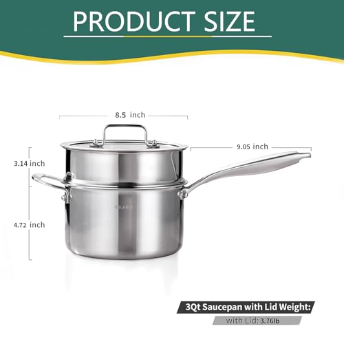 Image of DELARLO Tri-Ply Whole-Clad Stainless Saucepan 3.5 Quart Steamer Set With Glass Lid, Ergonomic Handle, Vegetable Steamer, Steamer for Cooking, Multipurpose Sauce Pan, Kitchen Sauce Pot, Oven Safe