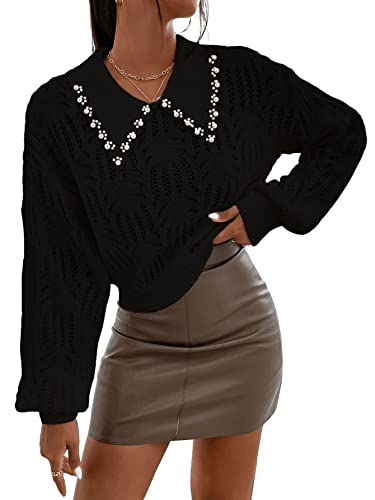 Sweatyrocks Women's Pearls Beaded Collared Long Sleeve Hollow Out Sweater Pointelle Knit Drop Shoulder Cropped Top Black L #TOP23