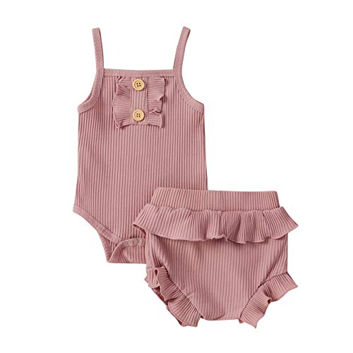 Image of Dimoybabe Baby Girl Summer Clothes Bloomer Knit Cotton Outfits Infant Romper Strap Sleeveless Ruffle Light Pink 6-12 Months 90CM