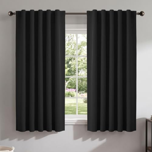 Image of Linen Textured Total Blackout Curtains for Bedroom 63 Inches Long, Black