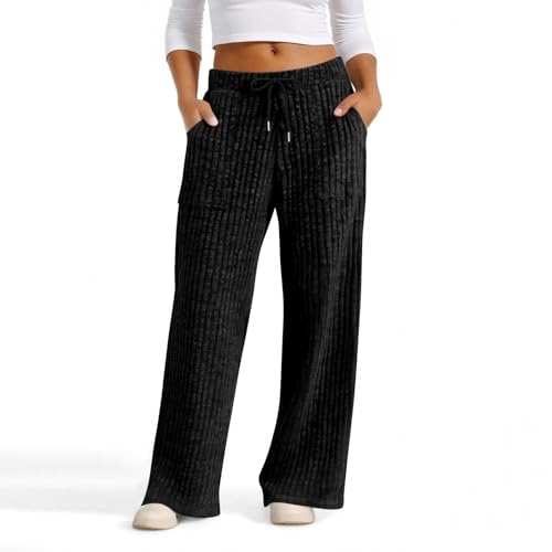 Womens Wide Leg Pants Casual Ribbed Elastic Waist Lounge Pants Drawstring Loose Knit Cute Pajama Bottoms with Pocket