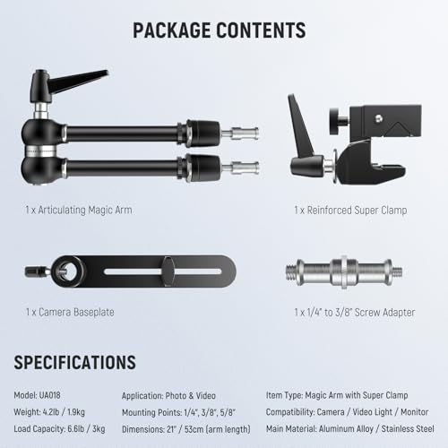 Neewer Magic Arm, 53 cm, uchwyt na kamerę z superzaciskiem, na biurko z podwójną głowicą kulową 360°, 1/4" 3/8" 5/8", adapter do PA073, PA074, na telefon, kamerę, monitor, światło, UA018, Rig, DSLR
