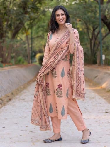 Image of ANNI Designer Kurta Set Women Viscose Printed | Kurti Set Woman | Kurta Pant Dupatta 3 Piece Outfit | V-Neck 3 /4 Sleeve Straight Fit Ethnic Wear Ladies Dress Stylish Traditional Clothing
