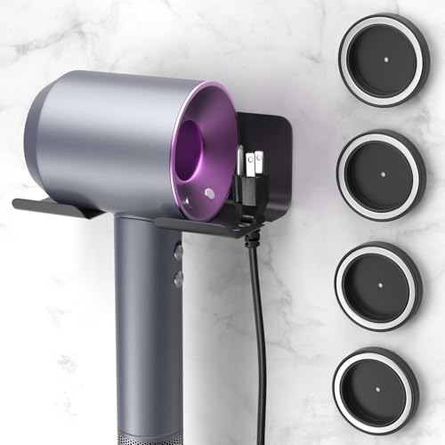 FALSKT Soporte Secador de Pelo con 4 Portaboquillas, Colgador Secador Pelo Sin Taladrar, Soporte Secadora Soporte de Pared de Aluminio para Mayoría de Secadores de Pelo (Negro)