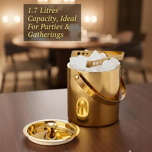 Image of Shiny PVD Gold Stainless Steel Double Walled Ice Bucket with Tong (1.7 litres) | Insulated Ice Box Small, Ice Cube Box | Wedding for Couple, Home Bar Gift Set