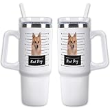 GABSHAIM Custom White Tumbler Dog Travel Mug with Handle & Straw Lid Double-layer Insulation Double Sided Printed Travel Coffee Cup Pomeranian Pattern Design 40 oz