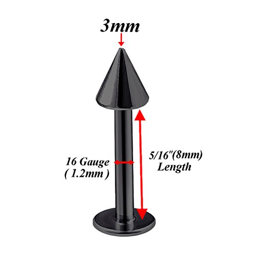 Bodyjewellery LABRET AN BK 1.2X6810 CONE L6 C3 8MM 6Pcs 16G Labret Stud Lip Ring Cartilage Tragus Snakebite Monroe Triple Forward Helix Conch Medusa Lobe Black Spike thumb #1