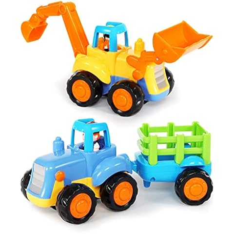 Early Education 1 Year Olds Baby Toy Push and Go Friction Powered Car Toys Sets of 2 Tractor, Bulldozer for Children Kids Boys Girls, Pull-Along Trucks for 2 Year Old, Birthday Christmas Party Gift Cover