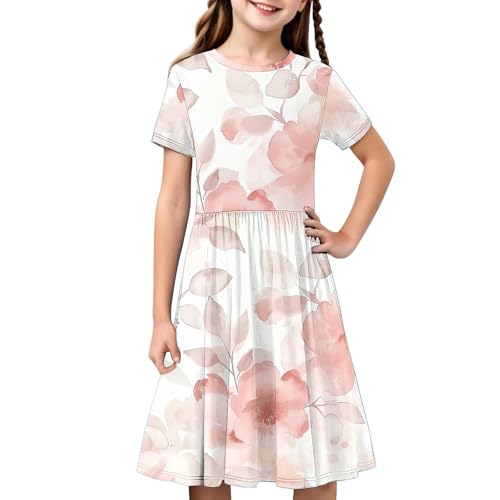 Short Sleeve Dress for Girls 2025 Summer Floral Print Casual Crew Neck A-Line Swing Beach Midi Dresses for 4-14 Years