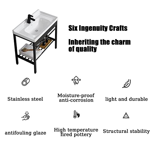 Console Pedestal Laundry Sinks,Free Standing Wash Basin Sinks,Porcelain Vessel Basin Rectangle With Stainless Steel Metal Legs Stand Vanity Sink Black Storage Shelf，Suitable For Different Scenarios ( #TOP5