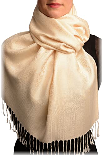 Pashmina beige à motifs cachemire 70x180cm avec franges pour femme