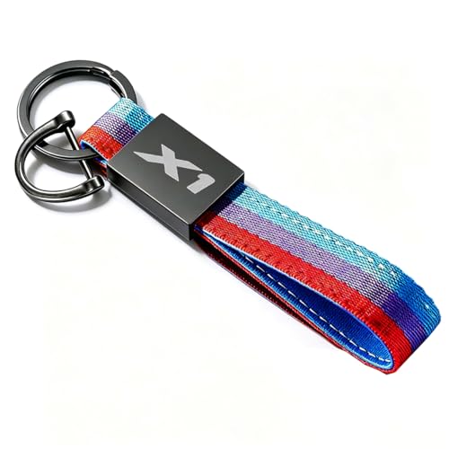 Image of Automotive Keychain compatible with BMW X1 Key Fob | Zinc Alloy Circle & D-Ring,Tricolour Nylon Strap with inchX1 inch Engraved Buckle Clip,Sporty Luxury style