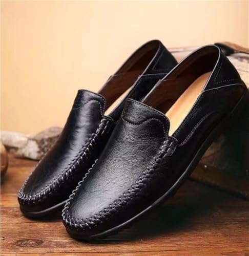 Mens Loafers Shoe Genuine Leather Round Toe Stitching Details Breathable Slip Resistant Comfortable Flexible Flat Heel Casual Driving Slip-ons4