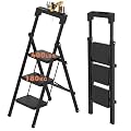 JOISCOPE 3 Step Ladder with Tool Storage Tray, Folding Step Stool for Adults with Handle & Anti Slip Pedal, 400 lbs Capacity Lightweight Portable Small Ladder for Home Kitchen Office, Black