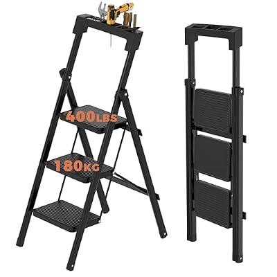 JOISCOPE 3 Step Ladder with Tool Storage Tray, Folding Step Stool for Adults with Handle & Anti Slip Pedal, 400 lbs Capacity Lightweight Portable Small Ladder for Home Kitchen Office, Black