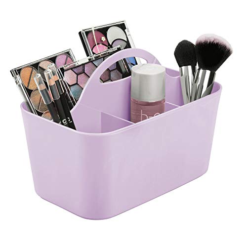 mDesign Plastic Portable Makeup Organizer Caddy Tote, Divided Basket Bin with Handle,