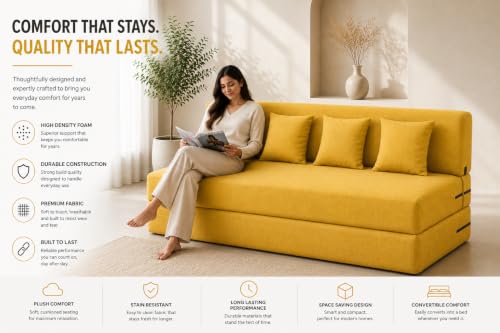 Image of Four Seater Sofa Cum Bed 6x6 Ft with Soft Foam Cushioning, Comfortable Foldable Sofa Bed for Living Room, Bedroom, Guest Room & Office(Yellow)