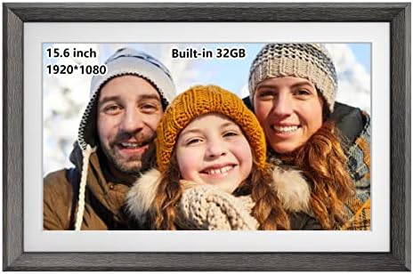 Frameo 15.6 Inch 32GB Large WiFi Digital Picture Frame wood1920 * 1080 IPS FHD Touch Screen Electronic Smart Digital Photo Frame Wall Mountable Auto-Rotate iOS Android Easy Setup to Photos or Video