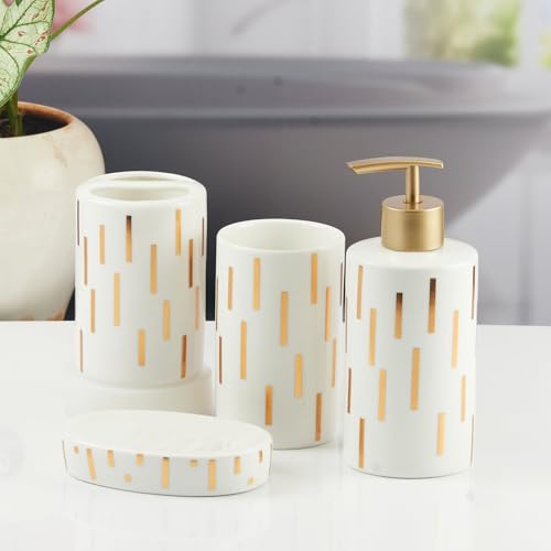 Image of SaSaSa Ceramic Bathroom Accessories Set of 4 Modern Bath Set with Soap Dispenser & Toothbrush Holder, Luxury Home & Gift Idea (11374)
