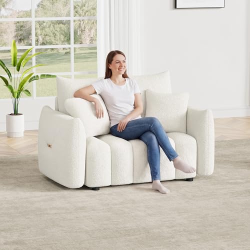 Image of OUYESSIR 56 inch Modern Sofa Couch, Comfy Deep Seat Teddy Cloud Sofa, Upholstered 2-Seater Boucle Couch, Oversized Loveseat for Living Room, Bedroom, Office, Apartment, Beige White
