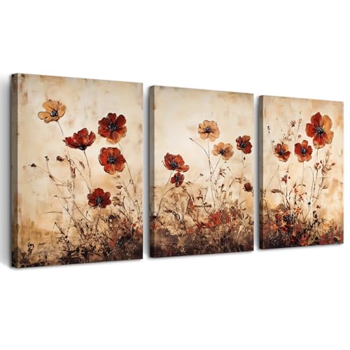 DZRWUBHS Boho Wall Art For Living Room Minimalist Wall Decor For Bedroom Vintage Flowers Pictures Office Decorations Bathroom Canvas Prints Modern Aesthetic Home Decor Artwork 3 Piece Ready To Hang
