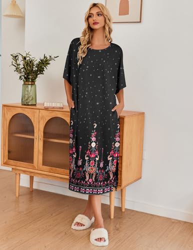 Image of Ekouaer Women's Nightgown Short Sleeve Sleepshirt Long Loungewear Casual Maxi Lounge Dress House Dresses with Pockets