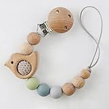 I LOVE MOM Schnullerkette mit Silikonperlen Holzperlen, Baby Schnullerkette Junge Mädchen Häkelperlen Schnullerketten Tiere Neugeborenen Geschenk (Vogel)