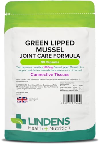 Lindens Green Lipped Mussel 500mg Capsules - 90 Pack - Joint Care Formula in Convenient, Rapid Release Capsules - UK Manufacturer, Letterbox Friendly, Cream