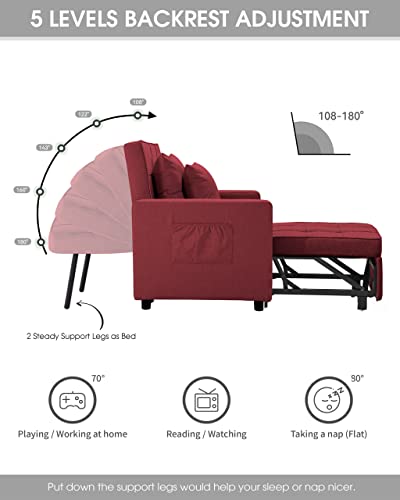 Xspracer Convertible Chair Bed, Sleeper Chair Bed 3 In 1, Adjustable Recliner,Armchair, Sofa, Bed, Linen, Red, Single One #TOP1