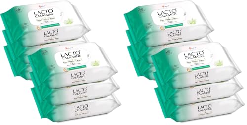 Image of Lacto Calamine Daily Cleansing Face Wipes 25N Each - Pack of 12 | Makeup Remover Wipes | Wet Tissue for Face with Aloe Vera, Cucumber & Vitamin E | Wet Wipes for Women & Men | Paraben & Alcohol Free
