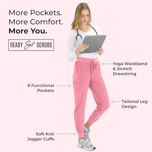 Image of READY SET SCRUBS - Scrub Pants for Women - 2 Pack - Cargo Jogger Pants Set with 8 Pockets - Yoga Waistband - Soft & Stretchy