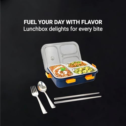 Image of Brand Conquer Lunch Box Leak-Proof BPA Free Stainless Steel for School, Lunch Box for School & Office with a Fork, a Spoon and a Pair of Chopsticks (Blue, 3 Compartment)