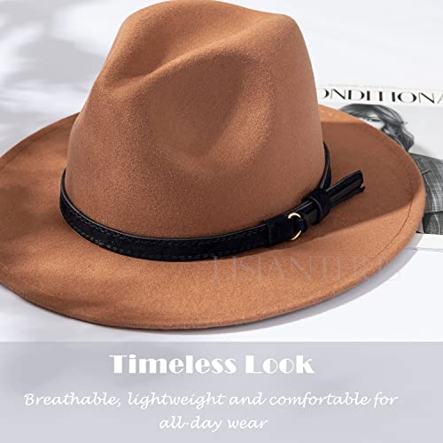 Lisianthus Men & Women Vintage Wide Brim Fedora Hat with Belt Buckle (B-Khaki, L; Hat Circumference: 59-60cm (for Men))