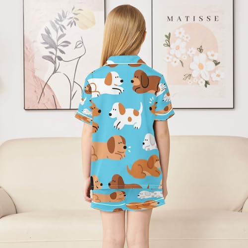 Satin Pajama Sets Short Sleeve Cute Dogs on Blue Background Button Down Silky Nightwear 2 Piece PJS 5-14Y4