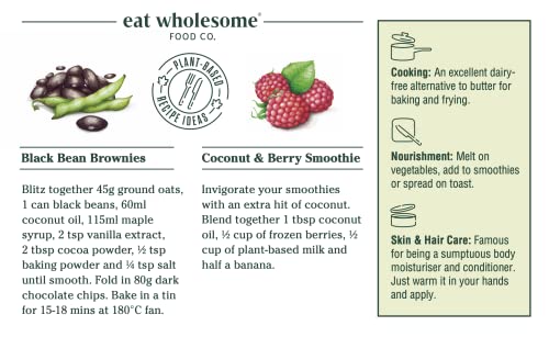 Eat Wholesome Organic Virgin Coconut Oil, 500 ml | Bio kokosöl | Zum Kochen | Backen | Für die hautfeuchtigkeitspflege | Haarspülung