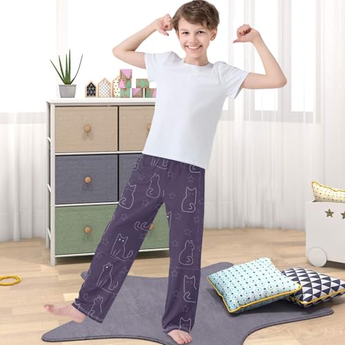 Boy's Pants Outline Animal Funny Cat Purple Jogger Pants Elastic Waist Long Bottoms Trousers with Pockets 6-14 Years4