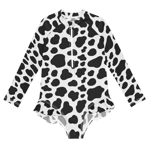 Girls Long Sleeve Swimsuit Cow Print One Piece Bathing Suit Zipper UPF 50+ Rashguard Swimwear 3-12Y