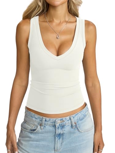 Eachyes Womens V Neck Tank Tops Sleeveless Slim Fit Shirts Summer Going Out Fashion Outfit Clothes 2026 White Medium