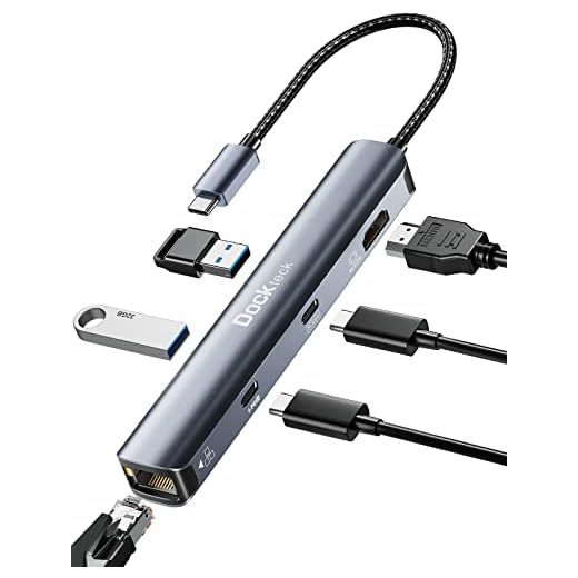 USB C Hub Ethernet HDMI, 6-in-1 USB-C to 4K 60Hz, 100W PD, USB-C Data, 1Gbps Ethernet, 2 USB 3.0, Dockteck Type C Adapter for MacBook Pro/Air, iPad Pro/Air/Mini 6, Surface Pro 7/8, XPS