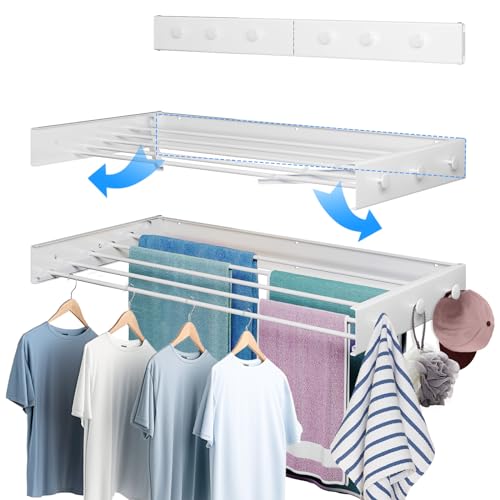 Muibe Wall Mounted Drying Rack 31.5', Upgrade 6 Knob Hooks, 5 Aluminum Poles, 40 lb. Load Capacity, Foldable, Retractable, Space Saving Clothes Drying Rack (31.5' White)