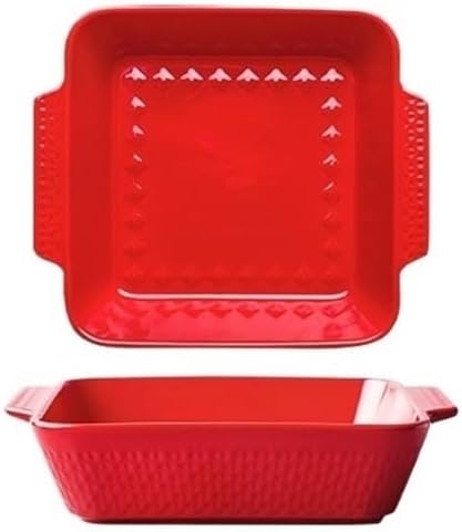 Baking Dishes Baking Bowl, Cheese Baked Rice Tray, Household Ceramic Large Double Ear Rectangular Microwave Oven(Red)