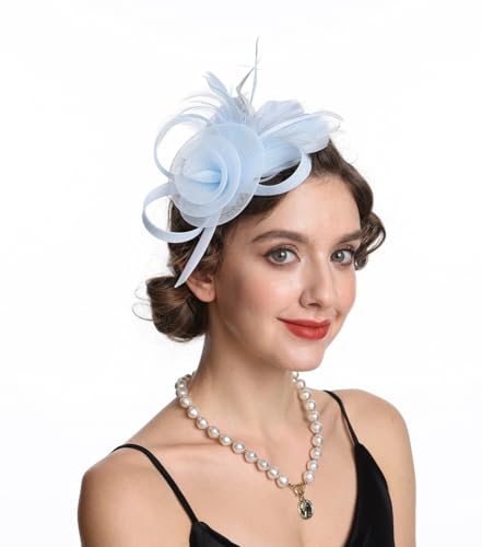 Fascinator Hat Feather Mesh Net Veil Party Hat Ascot Hats Flower Derby Hat with Clip and Hairband for Women(B9-Light Blue)