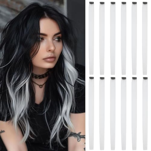 12PCS White Clip In Hair Extensions 22 Inch Long Straight Heat Resistant Synthetic Hair Highlights Easy to Use Colorful Hairpieces for Girls Women Party Halloween Cosplay